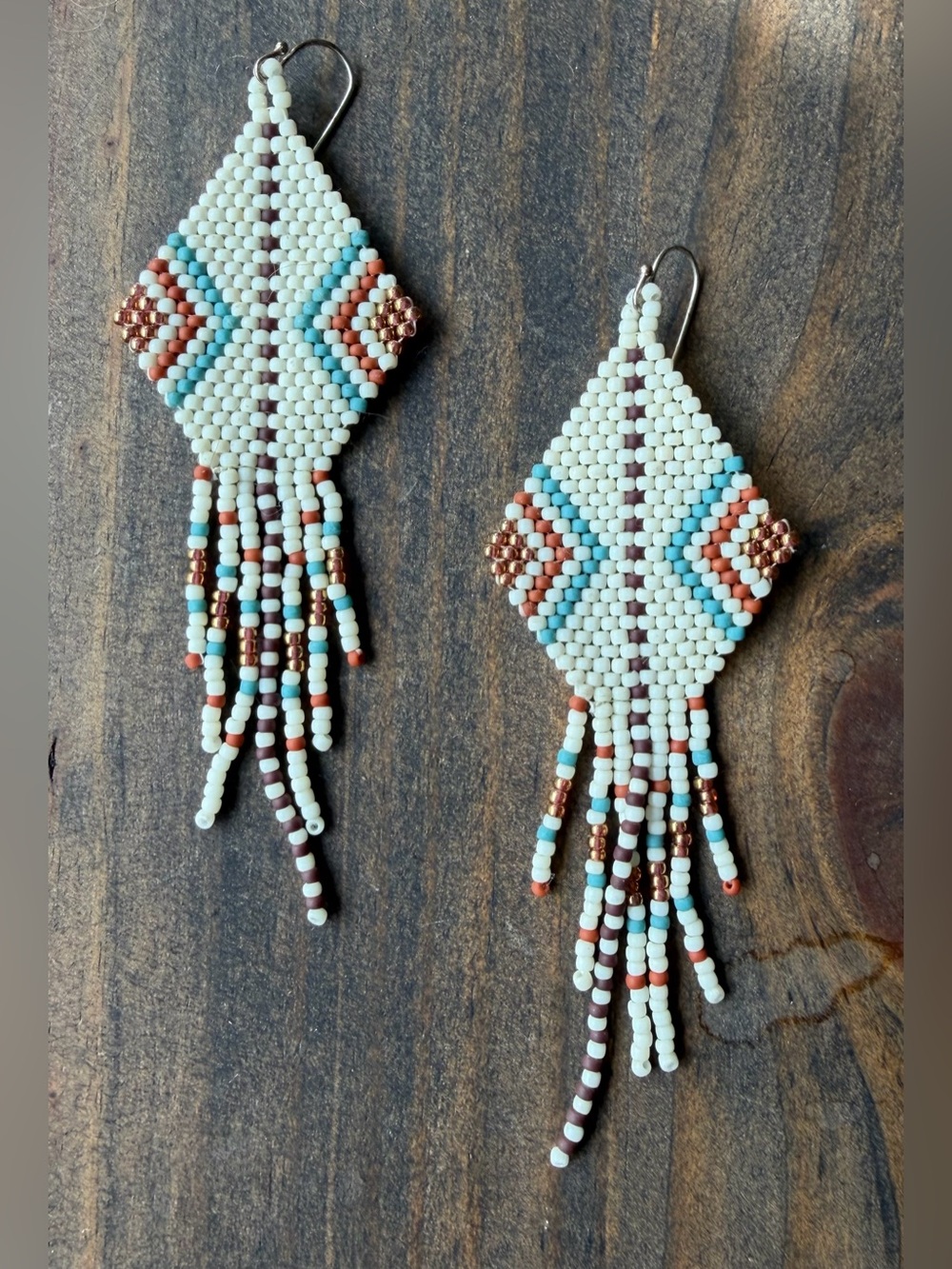 Handmade Fringe Earrings - Cream, Turquoise & Copper